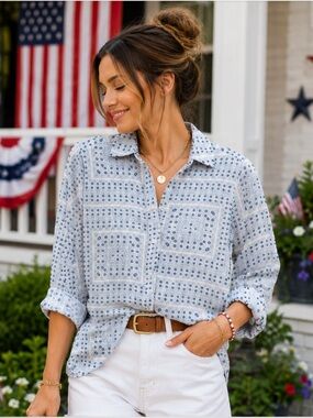 Rose & Olive Blue Bandana Print Button Down Blouse Western Rodeo Layering Top